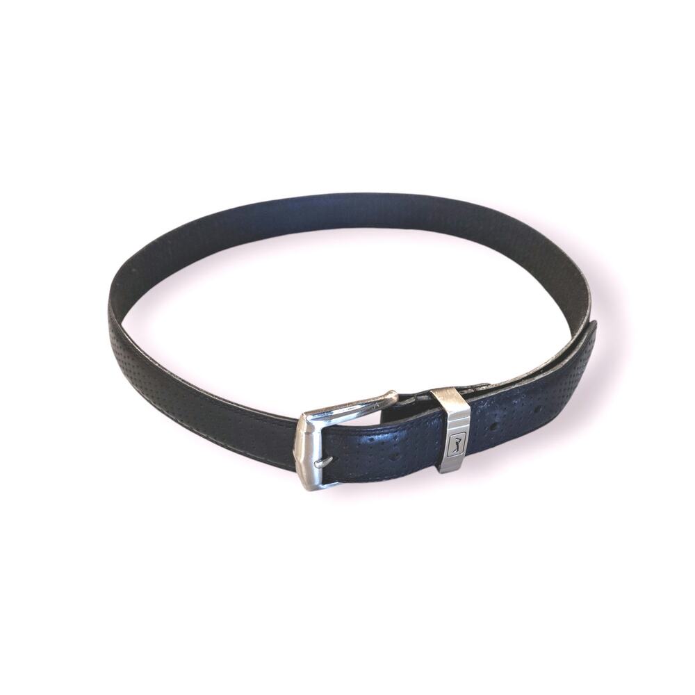 PGA TOUR Sz 36 Black Perforated Leather SPORT BELT, Chrome Buckle w/LOGO on Loop